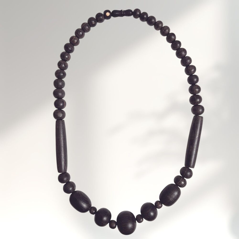Vintage African Wood Necklace Dark Brown Carved Beaded Folk Art Jewelry Wooden